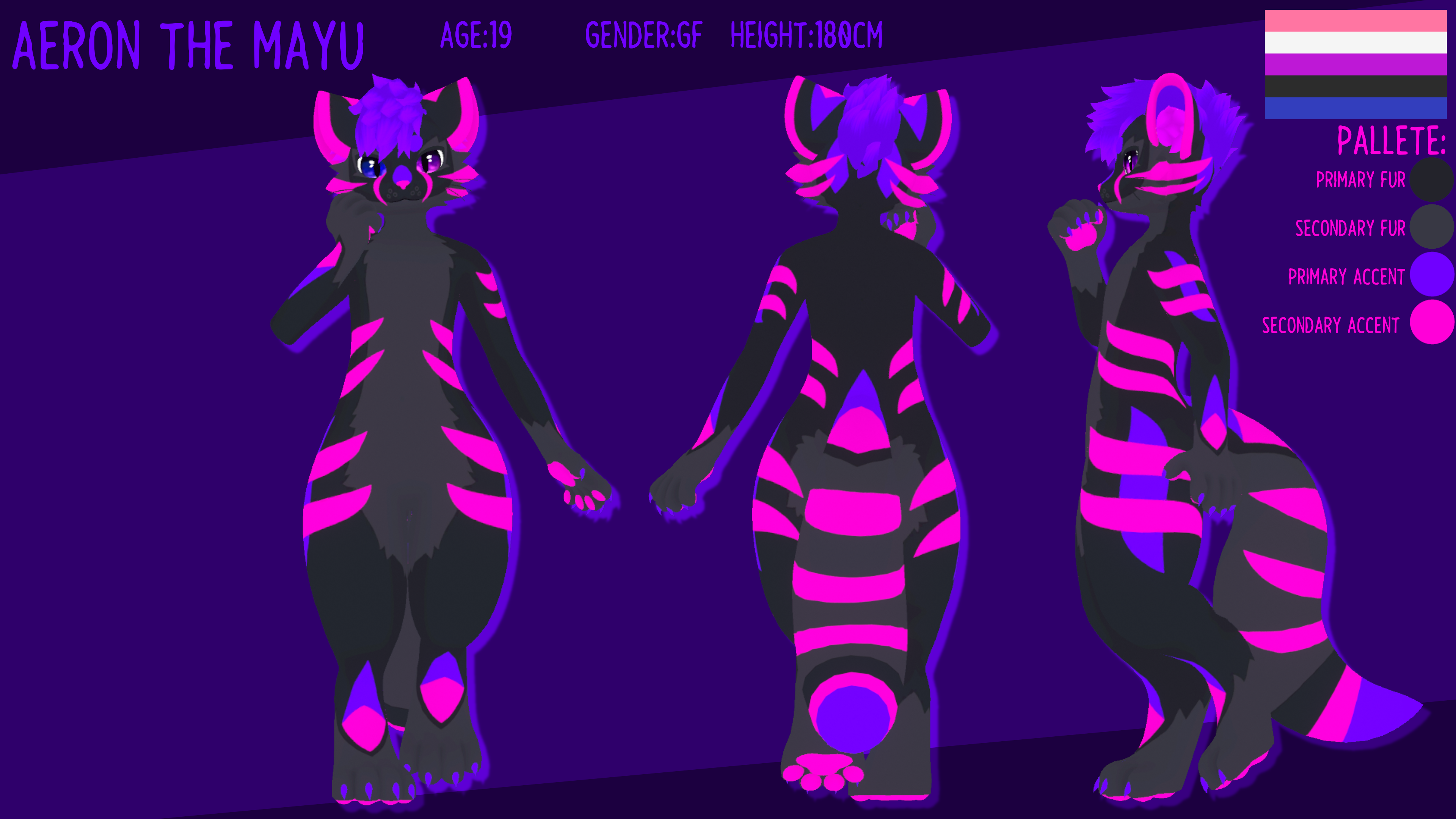 An image showing Aeron the Mayu, Age 19, Gender Fluid, 180 Centimeters.
